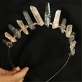 Handmade bridal crown with natural raw smoky crystal points and gold wire wrap - Grey White + Silver Wire Silver Headband