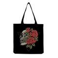 Detail of gothic skull and red rose print on a black canvas tote bag with soft texture - Side Realistic Skull and Three Red Roses (hm6641)