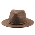 Bohemian dark brown wide-brim straw hat with green beads and vintage metal decor - Coffee