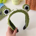 Cute green crochet frog headband with big eyes and white lace trim, 17.5x18cm size - 2# Knitted Lace Frog Headband
