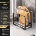 Kitchen organizer for lids and boards, carbon steel in gun grey finish with water tray - Double Layer Simple Pot Lid Holder-Gun Grey (With Drip Tray)