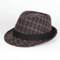 British style checkered wool fedora hat with a wide black decorative ribbon band - Adjustable / Coffee Plaid