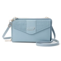 Detail of light blue crossbody phone wallet with gold zipper and adjustable strap - Blue