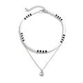 Double-layered men's necklace with silver peace sign pendant and black-white clay beads - White Gold Color / 04408