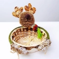 Handcrafted bamboo Christmas storage basket with a plush reindeer design and festive scarf - Reindeer Basket Style 3