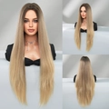 Long straight ombre synthetic wig in brown to blonde gradient with center part - Nordic Natural Blonde