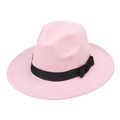 Close-up of pink wool fedora hat featuring a wide black ribbon and side bow detail - 56-59cm Adjustable / Pink