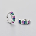 Silver rectangular multi-color zircon hoop earrings with crystal inlay on grey background - Rectangular Ear Buckles / Platinum Multi Zirconia