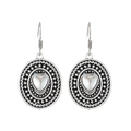 Vintage silver bohemian drop earrings featuring rainbow moonstone heart in oval frame - Antique Silver Oval Heart (K-1236)