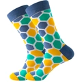 Detail of crew socks with colorful hexagonal honeycomb pattern and ribbed cuffs - Hexagon
