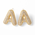 Gold plated initial A stud earring with sparkling cubic zirconia on white background - Letter A