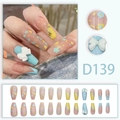Lange trapezförmige blaue Kunstnägel mit Blumenmuster und 3D-Schleifen-Akzenten - Blauer Blumen-Schleifen-Kleber-Stil (D139)