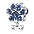 Silver pet paw and bone charm with blue zircons for DIY jewelry making and bracelets - Paw and Bone Charm / Silver/Blue