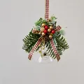 Christmas glass bell ornament hanging with pine needles and red berries - Red and Green Plaid Pine Cone Metal Plate Style (C)