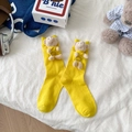 Bright yellow mid-calf socks with 3D cute plush bear accessory in Korean style - One Size / Yellow