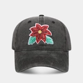 Close-up of red flower embroidery on a vintage washed black cotton baseball cap - Adjustable / Poinsettia Pattern Black