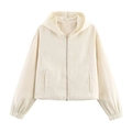 Minimalist off-white hooded zipper jacket for women with textured fabric and elastic hems - XS / Milky White
