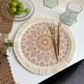Boho round woven placemat with orange mandala pattern and decorative tassels - Bohemian Style No.6 Placemat (Orange Brown Mandala)