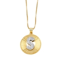 Gold plated copper necklace featuring a round radiant pendant with a zircon letter S - Letter S