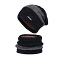 Set berretto e scaldacollo in maglia a righe nere e grigie con calda fodera in peluche - Nero