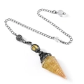 Citrine cone pendulum with copper wire wrap on dark metal chain over white background - Man-made Citrine (Antique Silver)