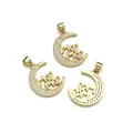 Gold moon pendant necklace for Mom with white zircon stones and heart shape detail - MAMA on the Moon (Micro-inlay)