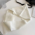 Detailed view of soft white knitted scarf texture on a minimalist desk layout - Hat and Shawl Integrated Set / White