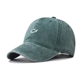 Detail of embroidered white smiley face on a green washed cotton vintage baseball cap - Washed Distressed (Smile Face) / Green