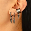 Three-piece gunmetal punk earring set featuring spike charms and a gothic ear cuff - Gunmetal Spike Earring Set (DZ-118)