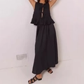 Women's black sleeveless pleated maxi dress with elegant hollow-out lace-up chest detail - Black Zirconia Set