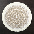 Round natural jute placemat with white geometric print and stylish tassel fringe - 38cm / Fringed Bohemian Style