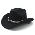 Black western cowboy hat with ethnic beaded band and metallic eyelets on white backdrop - M (56-58cm) / Black