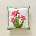 White sofa cushion cover featuring pink tulip floral embroidery and green leaves - Framed Narcissus (Cover Only)