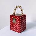 Red acrylic box evening clutch with diamond-studded pattern and pearl handle - Red