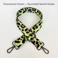 Close-up of neon green leopard nylon bag strap with gunmetal adjustable hardware - Neon Green + Gunmetal Hook