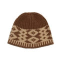 Detailed knit texture of a brown and beige beanie with geometric diamond patterns - M (56-58cm) / Brown