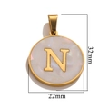 Golden stainless steel round shell pendant with letter N, size 32mm x 22mm - Gold N