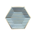 Close-up detail of hexagonal paper plate in water blue with elegant gold foil stripes. - 8-Inch Hexagonal Paper Plate (Striped) / 8 Pieces (22cm) / Blue