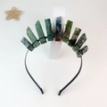 Detail of handmade crown with green and reddish-brown natural crystals and crescent moon - Moss Agate Black Wire Moon