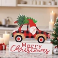 Décoration de Noël voiture en bois à carreaux rouges avec texte Merry Christmas - Q-G51 Voiture du Père Noël avec arbre