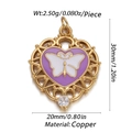 Golden heart pendant with purple enamel butterfly and zircon detail, 30mm x 20mm copper charm - Cx157-4 / 18K Gold