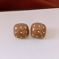 Detail of square brown earrings with white polka dots on a textured leather surface - 17# Silver Needle Brown Square