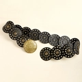 Detail of bohemian black waist belt featuring metal studs and a vintage round buckle - Bronze Black 2.0 / 115cm