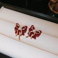 Elegant red velvet bow earrings with gold trim, center pearl, and sparkling rhinestones - 17# Velvet Bowknot Artificial Pearl / Red/Gold