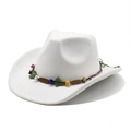 White wool felt cowboy hat with bohemian colorful beaded band and wide brim design - M (56-58cm) / White