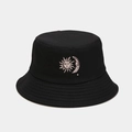 Detailed close-up of sun and moon embroidery on a black cotton fisherman bucket hat - One Size / Black