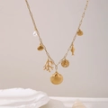 Gold stainless steel ocean necklace with shells pearls and coral charms on link chain - Full Necklace Set