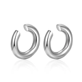 Detailed close-up of polished silver stainless steel C-shaped clip-on hoop earrings - Steel
