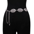 Elegant silver metal leaf waist chain belt for dresses with adjustable small bell pendant - Silver