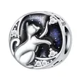 Sterling silver cat on crescent moon charm with blue enamel and sparkling cubic zirconia - Cat Catching Stars Charm 0312